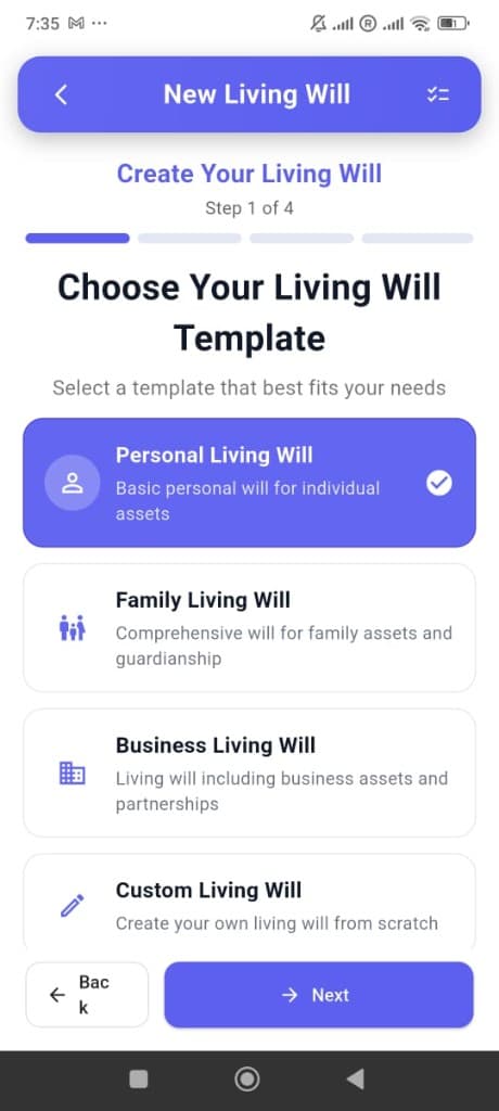 Living Will app template selection screen for creating a personal living will